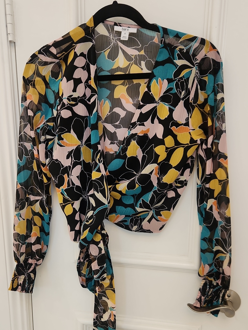 Bar III Black Floral Tie-Front Long Sleeve Blouse with Yellow Teal Pink Accents